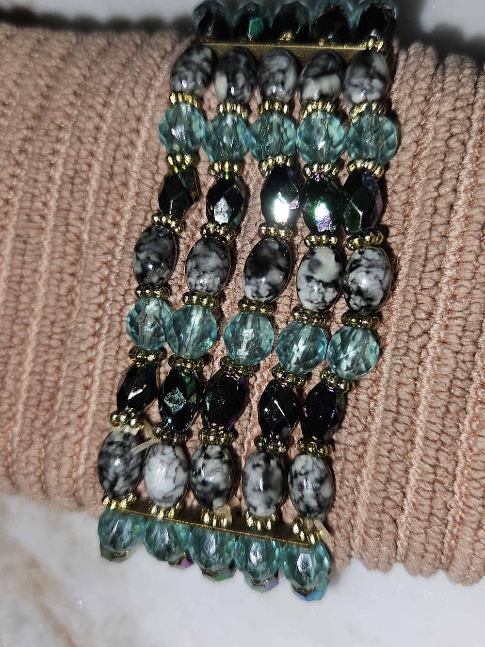 Beaded Multi-Strand Stretch Bracelet in Teal and Black